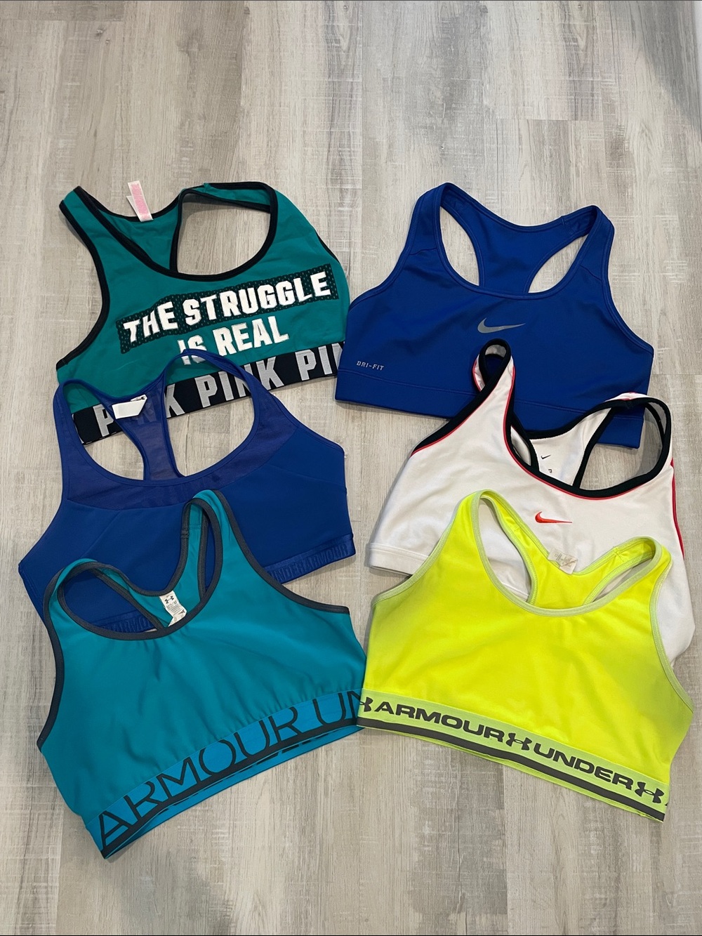 Under Armour Neon Yellow & Teal Sports Bra Lot - Blue, White Accents